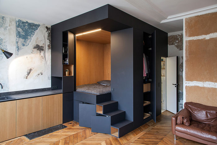 350 square feet modern studio design hidden storage compartments