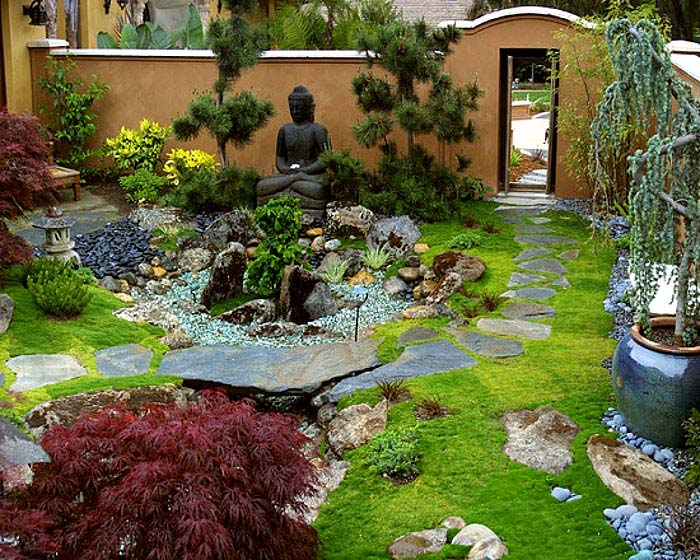 backyard zen garden with buddha statue