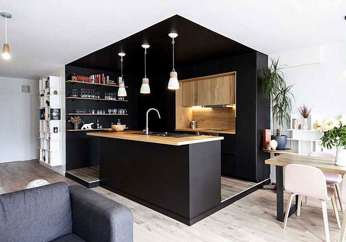black cabinets natural wood accents