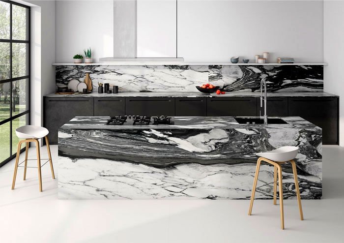 black kitchen gray marble island backsplash