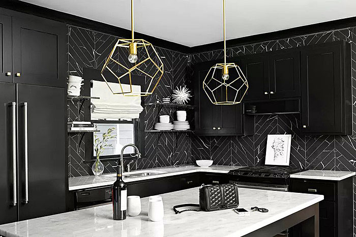 black kitchen herringbone tiles