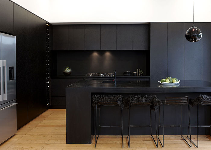 black kitchen island with seating
