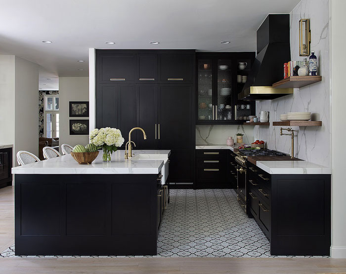 classic black kitchen cabinets brass accents