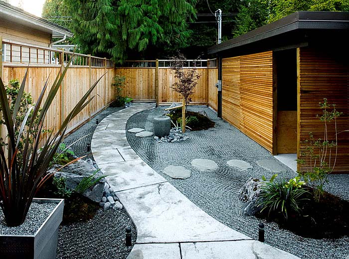 contemporary asian style backyard design with white stone ways
