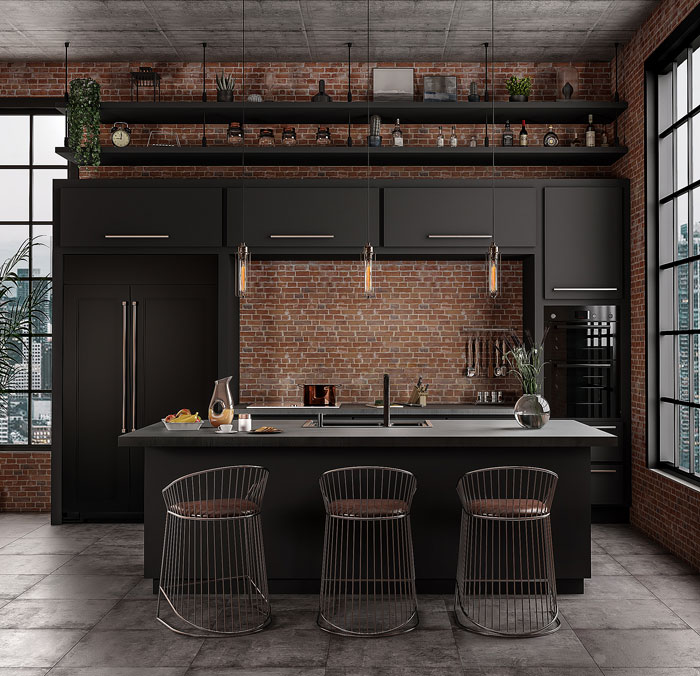 exposed brick wall black kitchen cabinets
