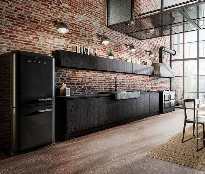 industrial black kitchen exposed brick wall