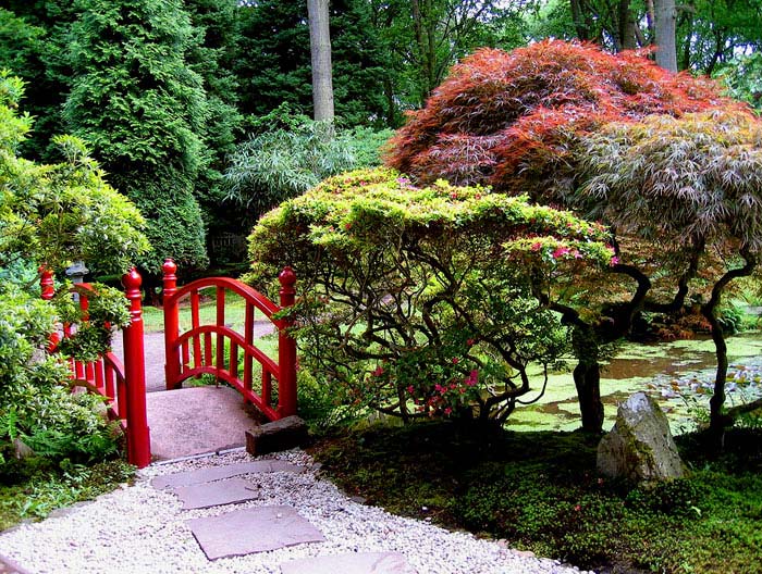 lush garden chinese red bridge