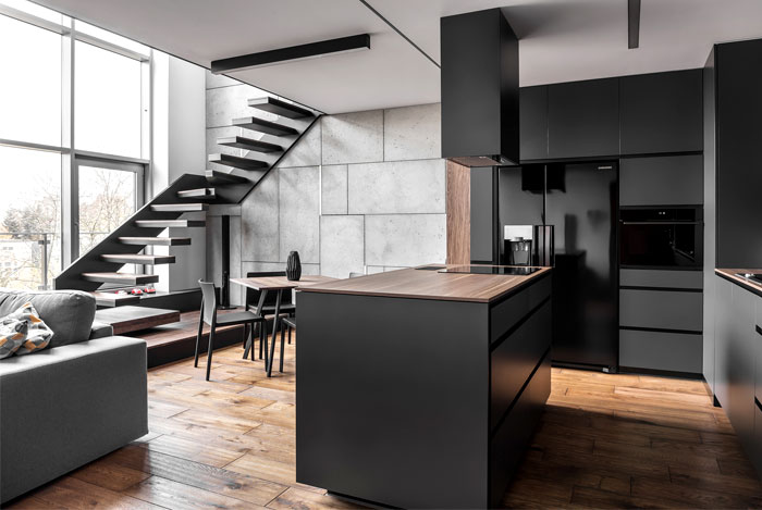 modern black open plan kitchen