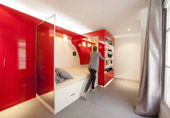 movable red shelf unit small space design