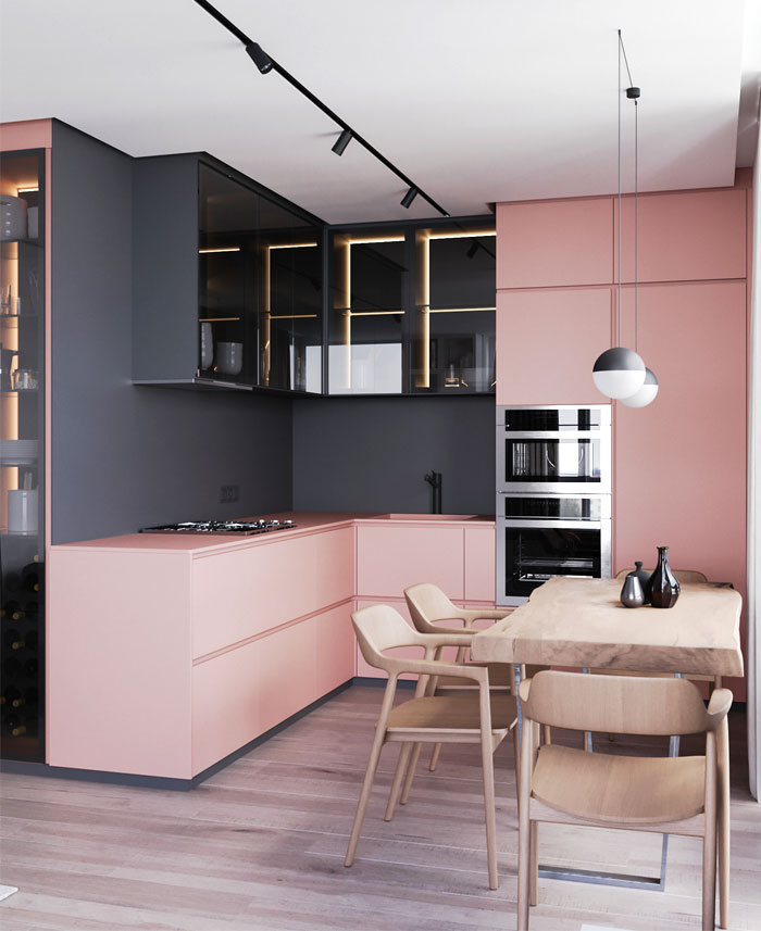 pink color small open concept kitchen