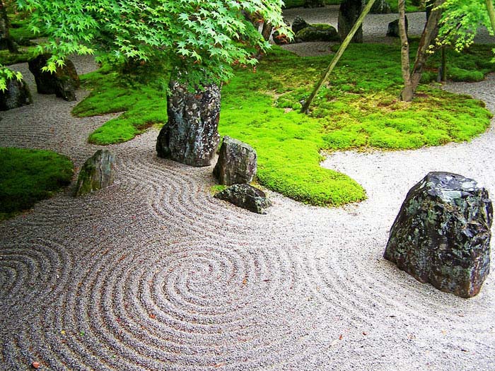 white gravel and moss zen garden design